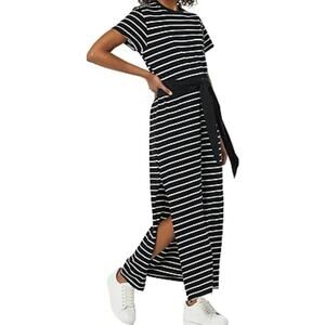 Monrow Pocket T Shirt Dress Maxi Round Neck Side Slits Pullover Cotton Gray XL